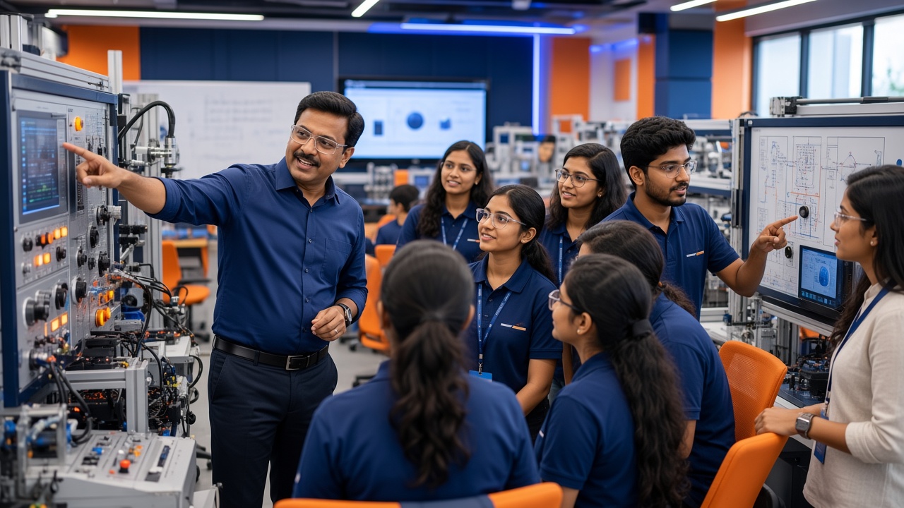 Instructor demonstrating automation equipment during a practical technical workshop