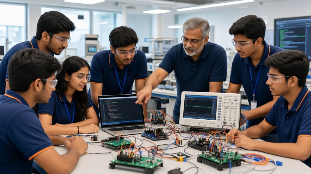 Engineering students building embedded systems and IoT prototypes at an electronics workbench