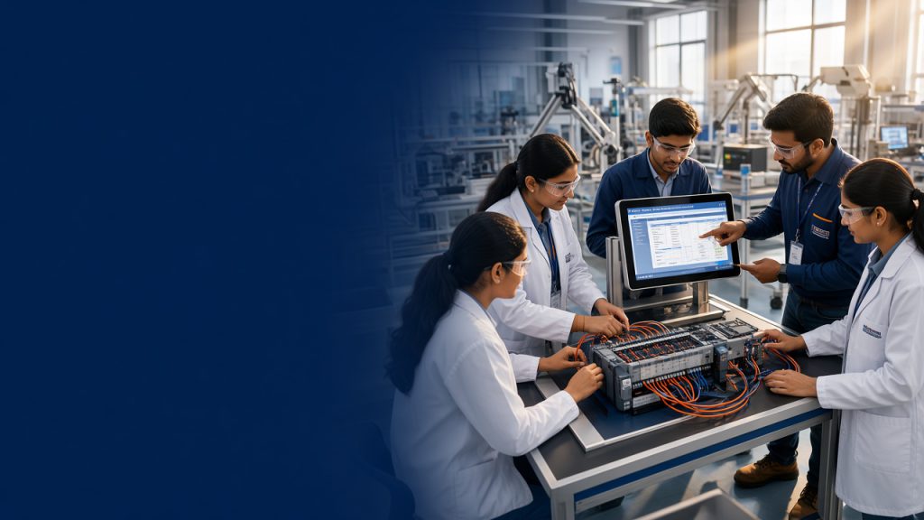 Engineering students receiving hands-on industrial automation training in a modern laboratory