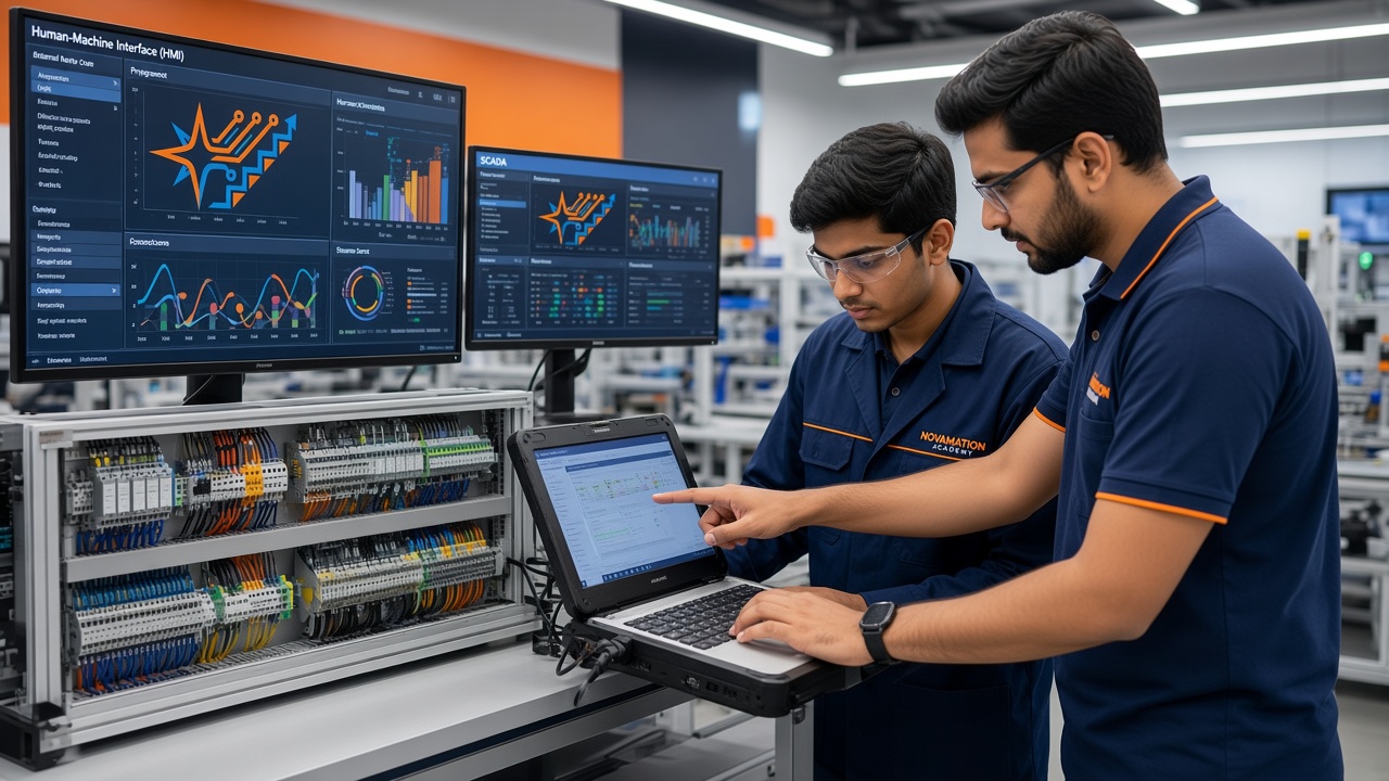 Learner and instructor working with a PLC control panel, HMI and SCADA system